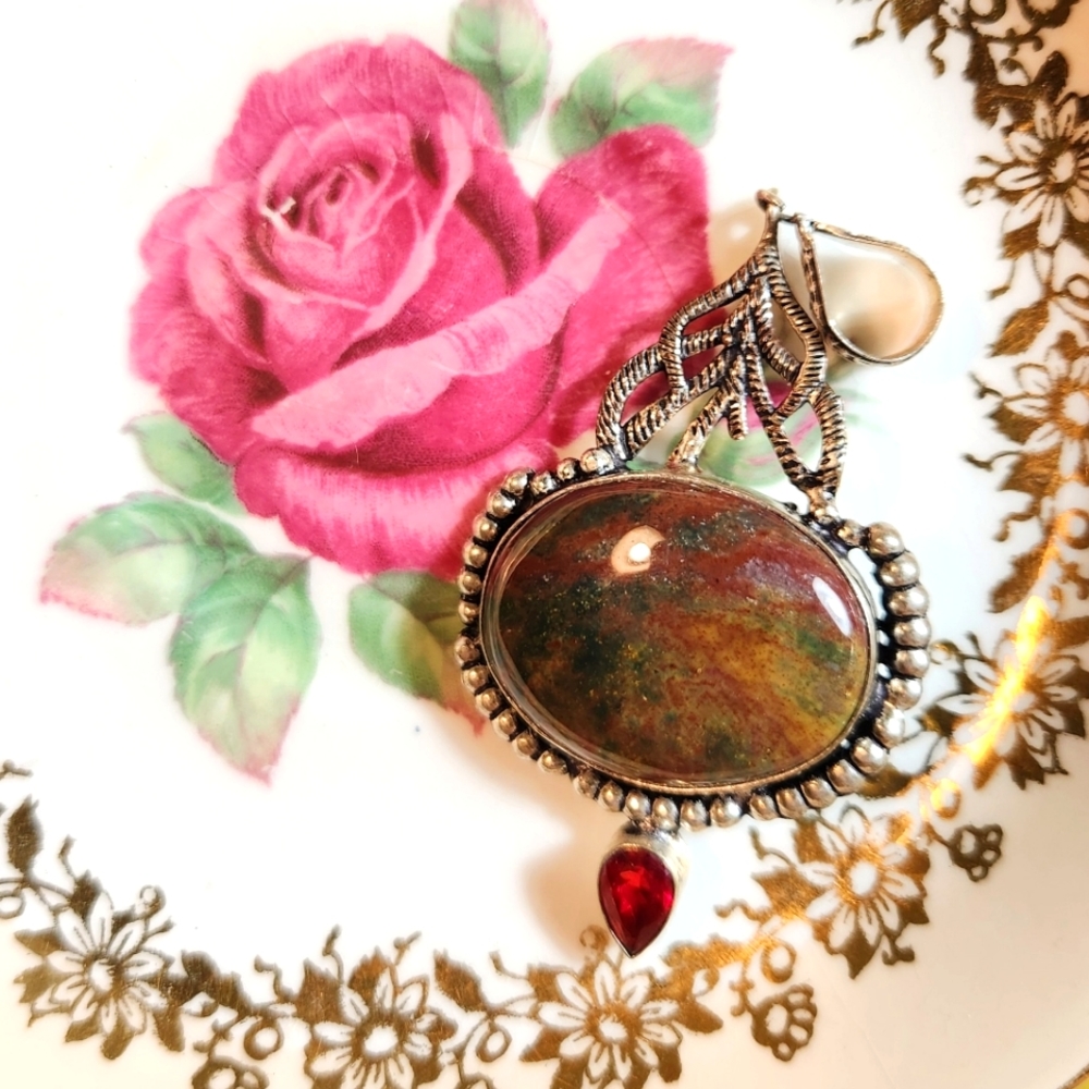 XL, Bloodstone Pendant/Many Beautiful, Vivid Colors. 925 Sterling Silver Plated